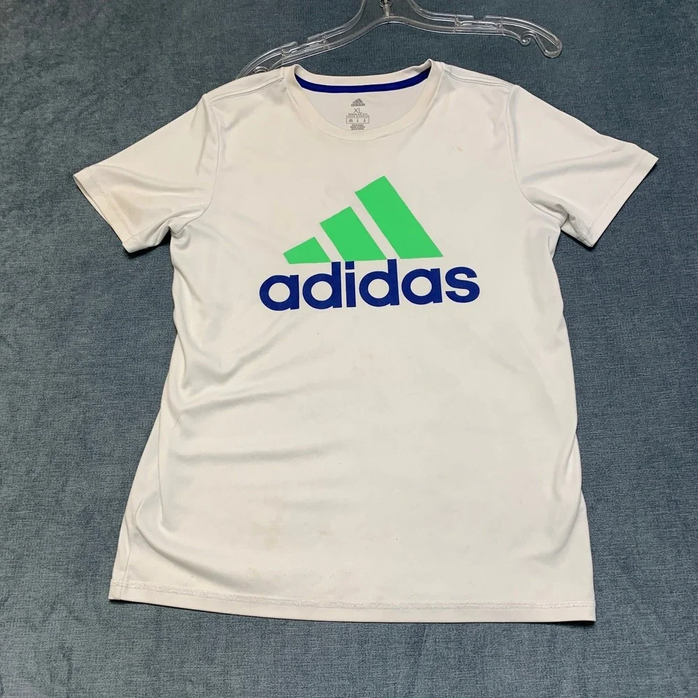 Adidas Running T Shirt Mens XL White Spellout Logo Standard Regular Fit Training